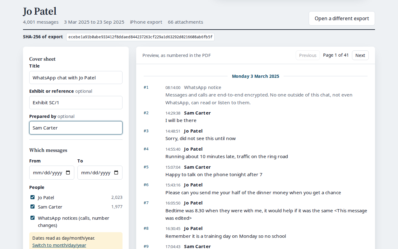ChatBundle with a chat open: settings for the cover sheet, dates and people on the left, and the numbered preview on the right