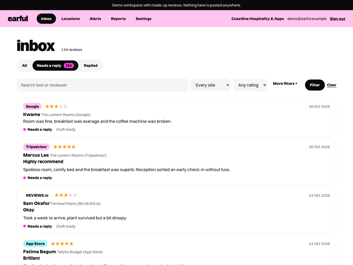The Earful inbox in a demo workspace, showing Google, Tripadvisor, REVIEWS.io and App Store reviews marked Needs a reply