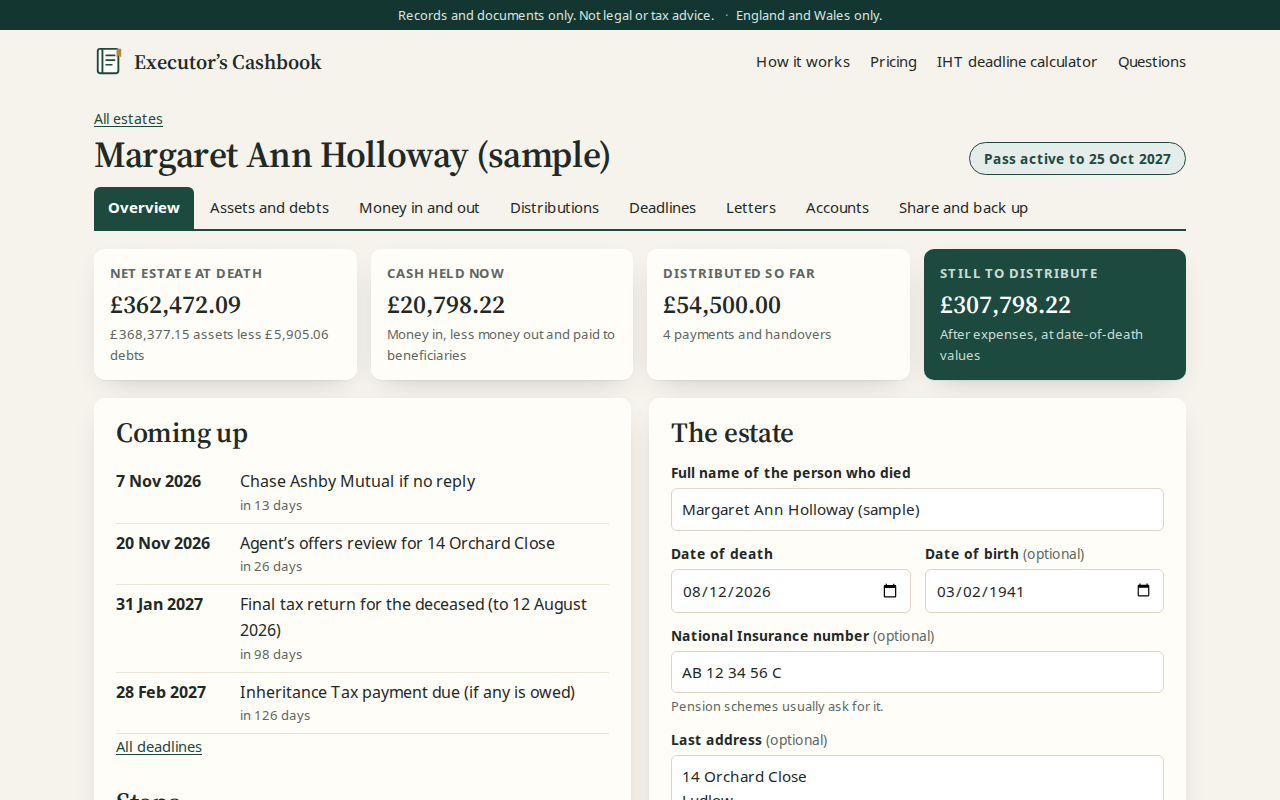 Executor’s Cashbook with a fictional sample estate: totals for the net estate, cash held and distributions, and upcoming deadlines