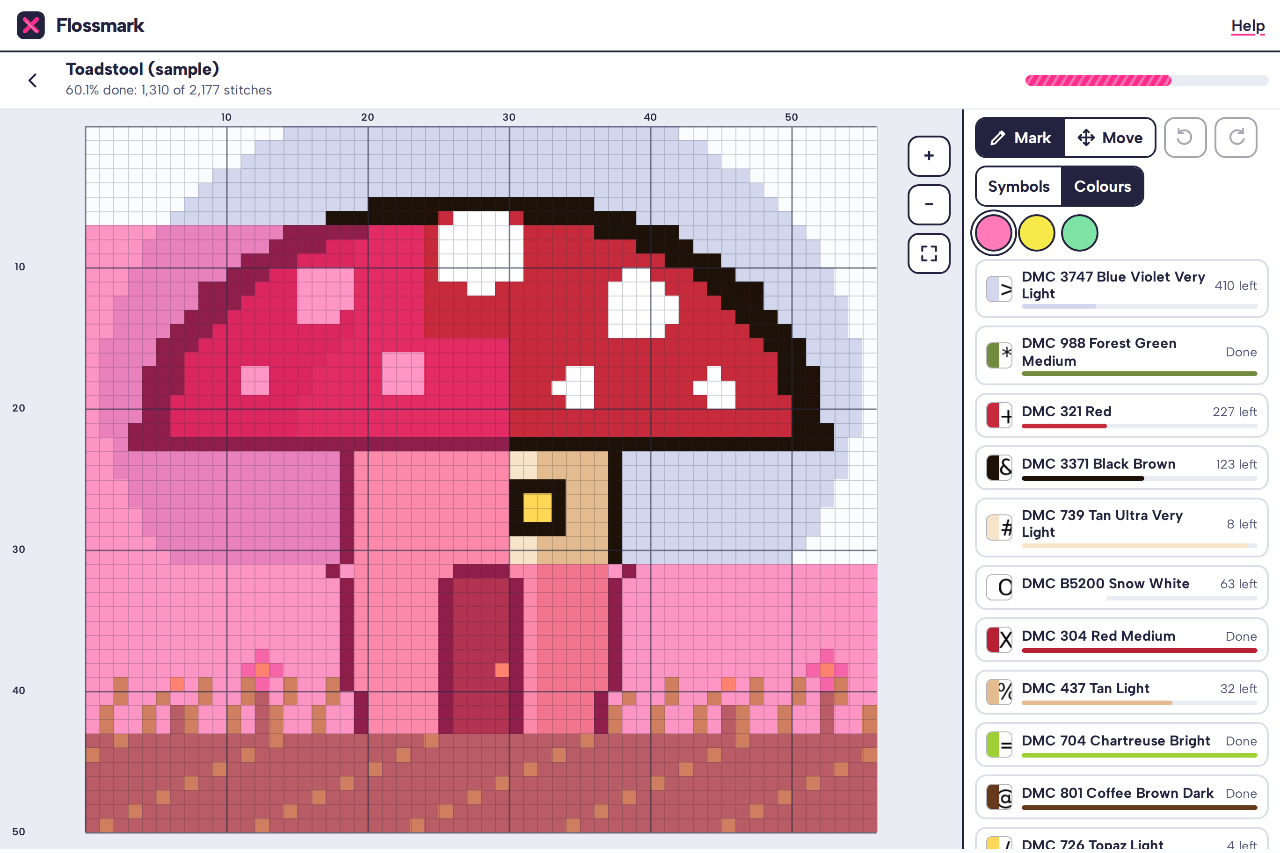 Flossmark showing its own sample chart, a toadstool house, with stitched areas marked in pink highlighter and the thread list beside it
