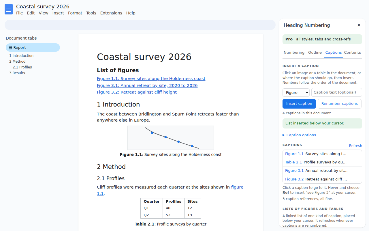 The Captions tab in the sidebar next to a Google Docs report with a list of figures, a numbered figure caption and a figure reference