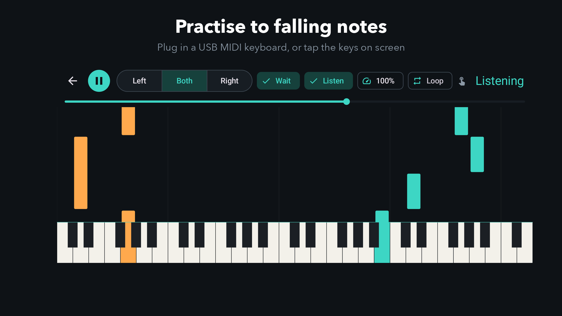 Keyrain playing Pachelbel's Canon: teal right-hand and orange left-hand notes fall onto an on-screen piano keyboard