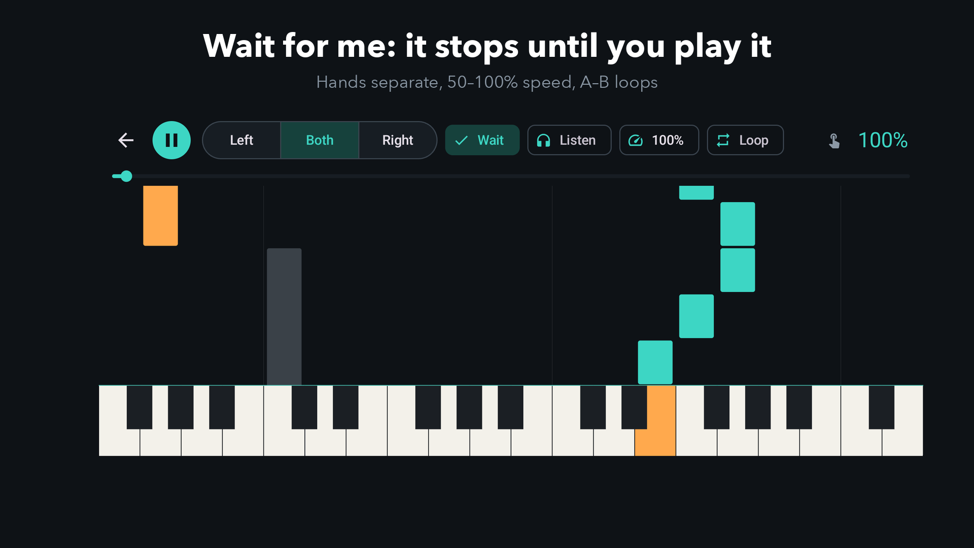 Keyrain's wait mode holding at the first chord of Ode to Joy, with the key to press highlighted