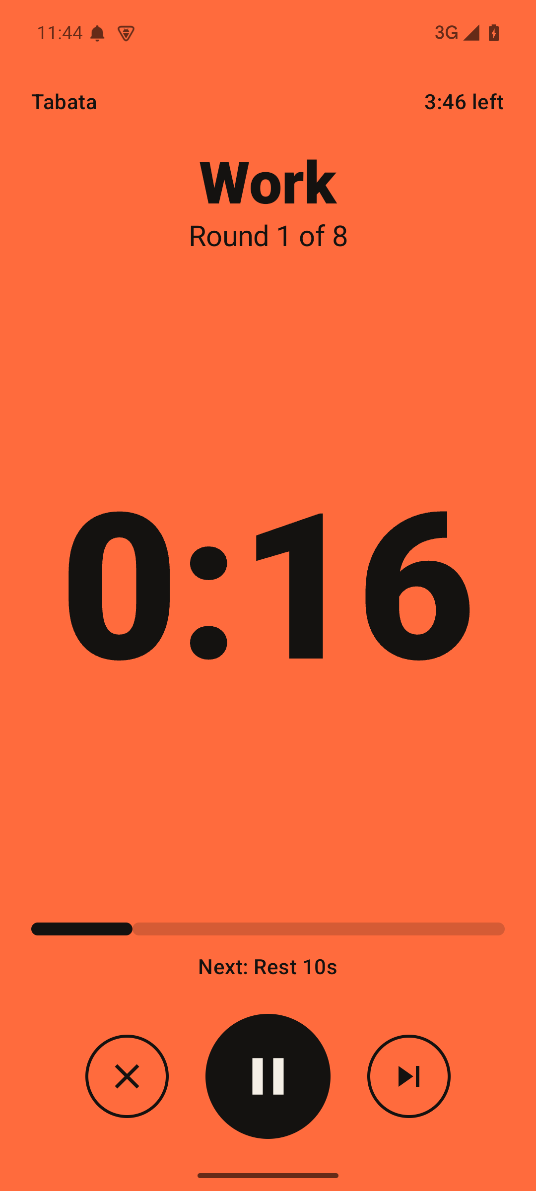 Roundbell's workout screen: a huge orange countdown reading 0:14, Work, round 3 of 8, with pause, skip and stop buttons