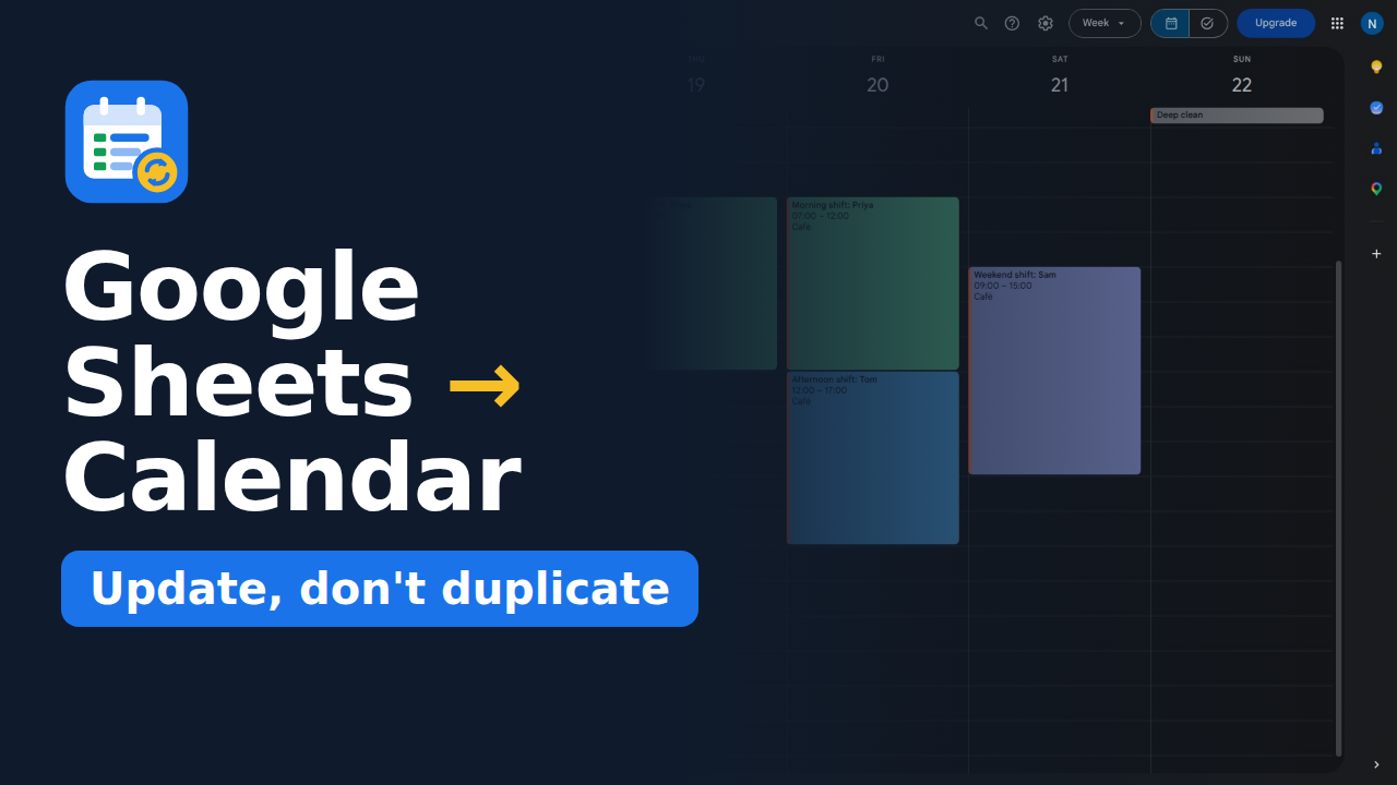 Video: how to create Google Calendar events from Google Sheets (3 minutes, opens YouTube)