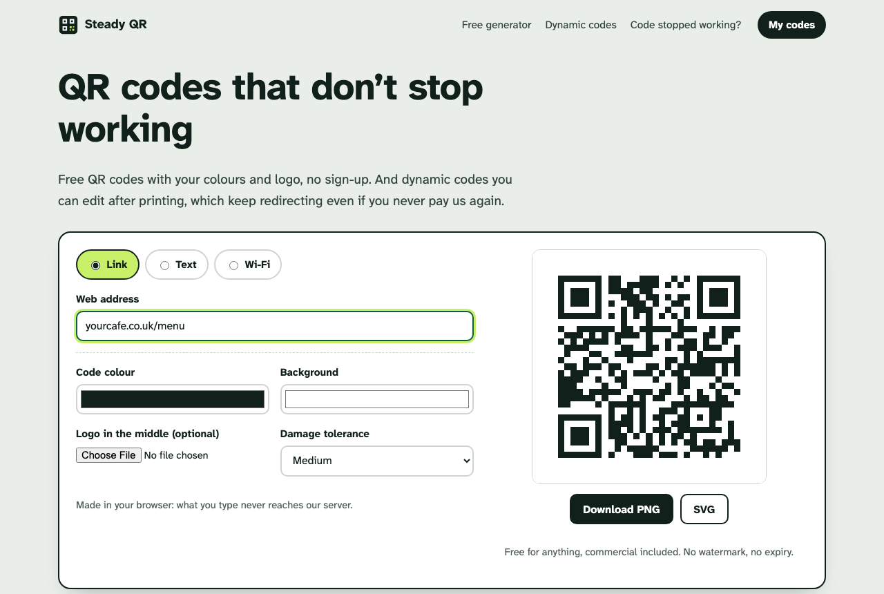 Steady QR's free generator with a link typed in and its QR code ready to download